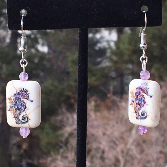 PeaceFrog Jewelry - White and Purple Stone Seahorse Earrings